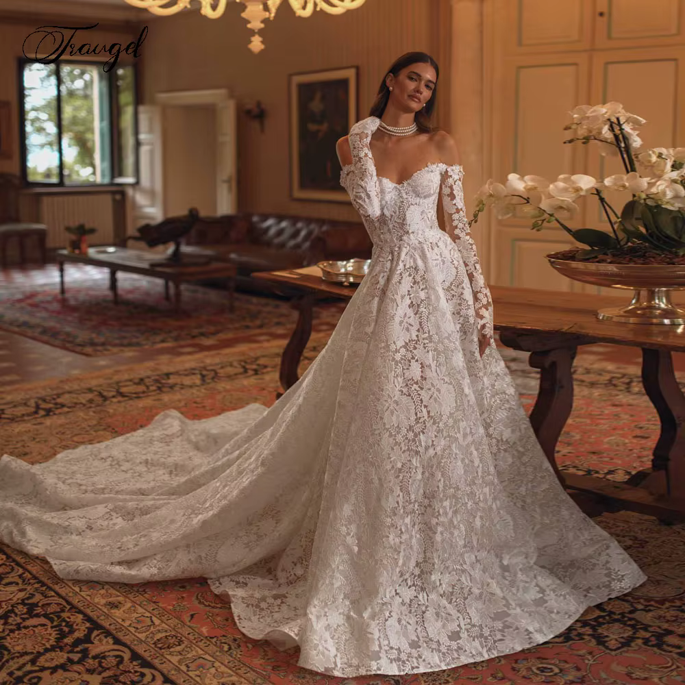 Robe De mariée trapèze personnalisée, épaules dénudées, Sexy, dentelle brodée, pour femmes, élégante
