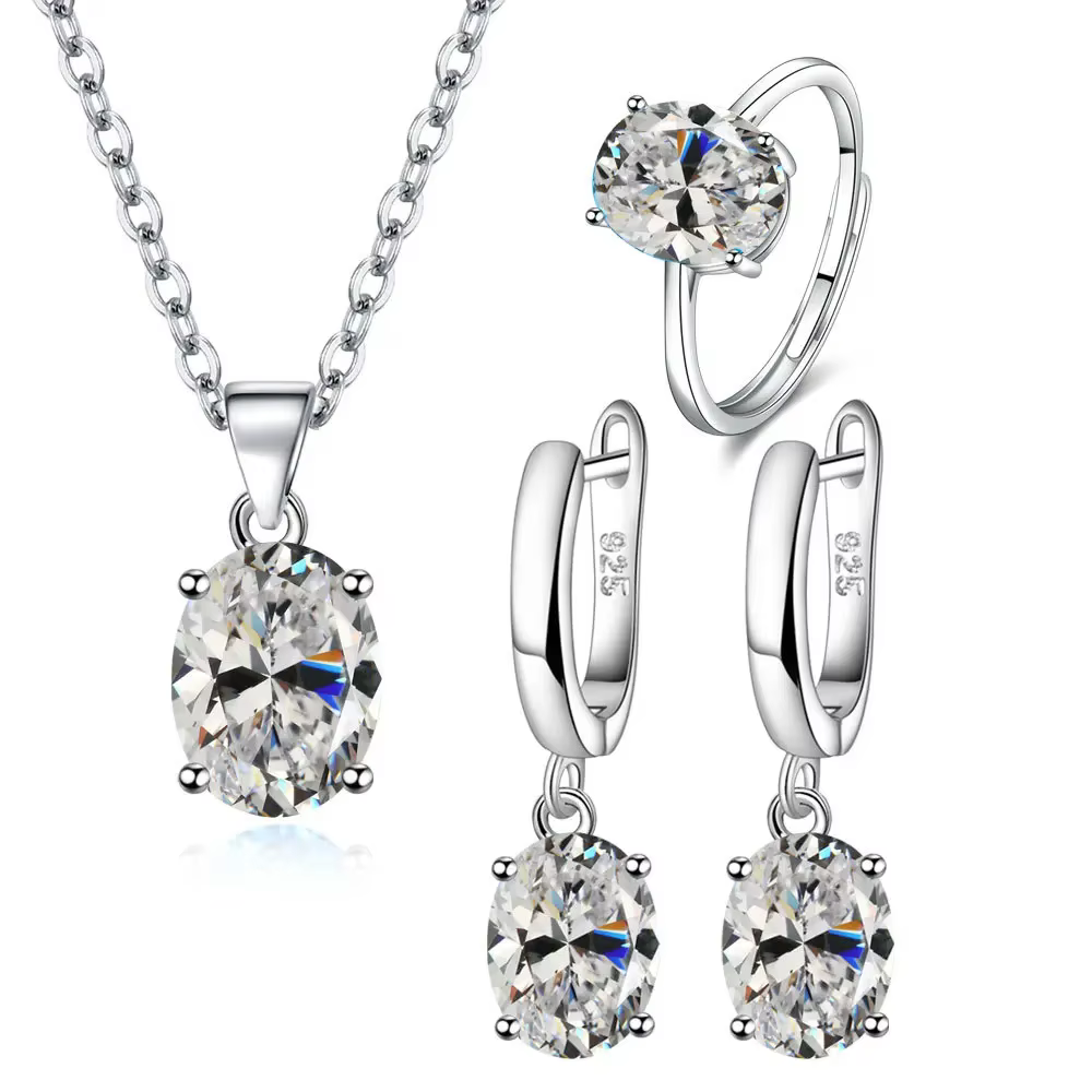 Ensemble de bijoux élégants en argent Sterling 925 pour femmes, bague ovale en Zircon, collier et bo