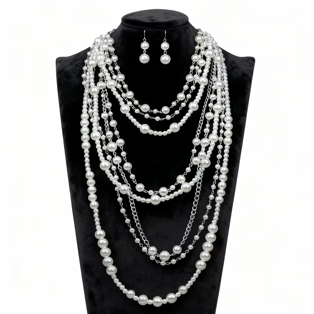 Collier élégant en fausses perles, collier superposé de luxe perlé, ensemble de boucles d'oreilles v