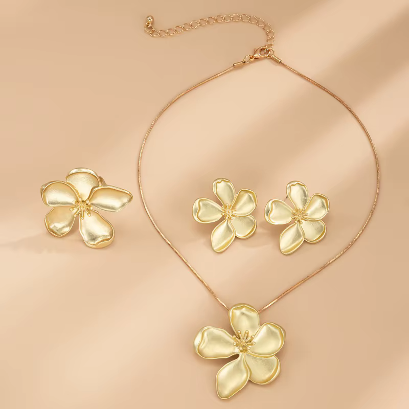 Ensemble de bijoux rétro couleur or, Texture mate, fleur en métal, collier/boucles d'oreilles/bague 