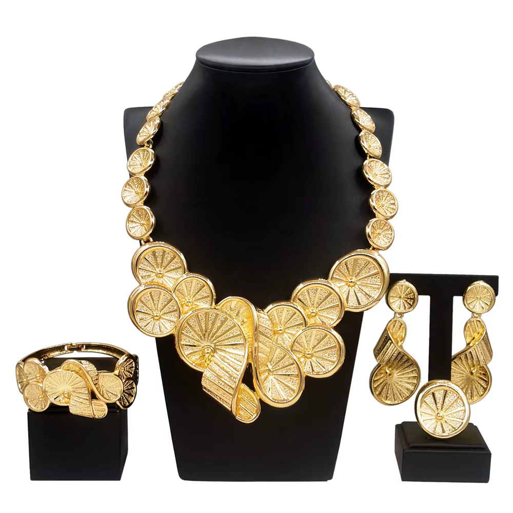 Ensemble de Bijoux en or de dubaï pour femmes, collier et boucles d'oreilles de mariage somptueux, B