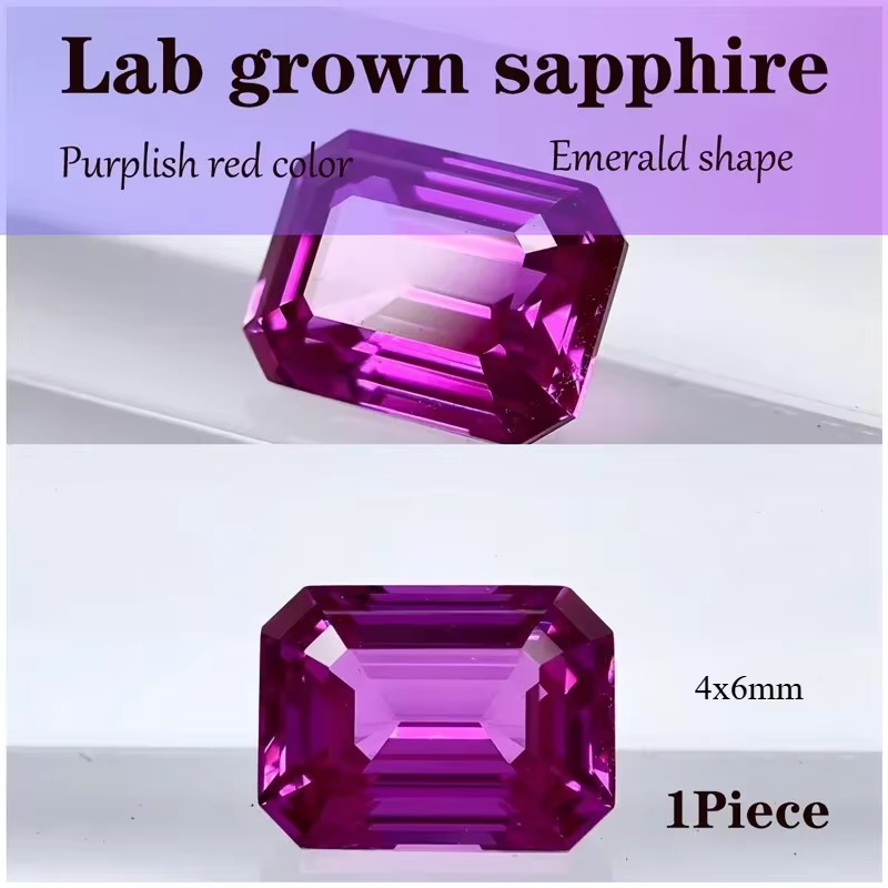 Saphir de laboratoire de couleur rouge violacé en forme d'émeraude, breloques en pierres précieuses,