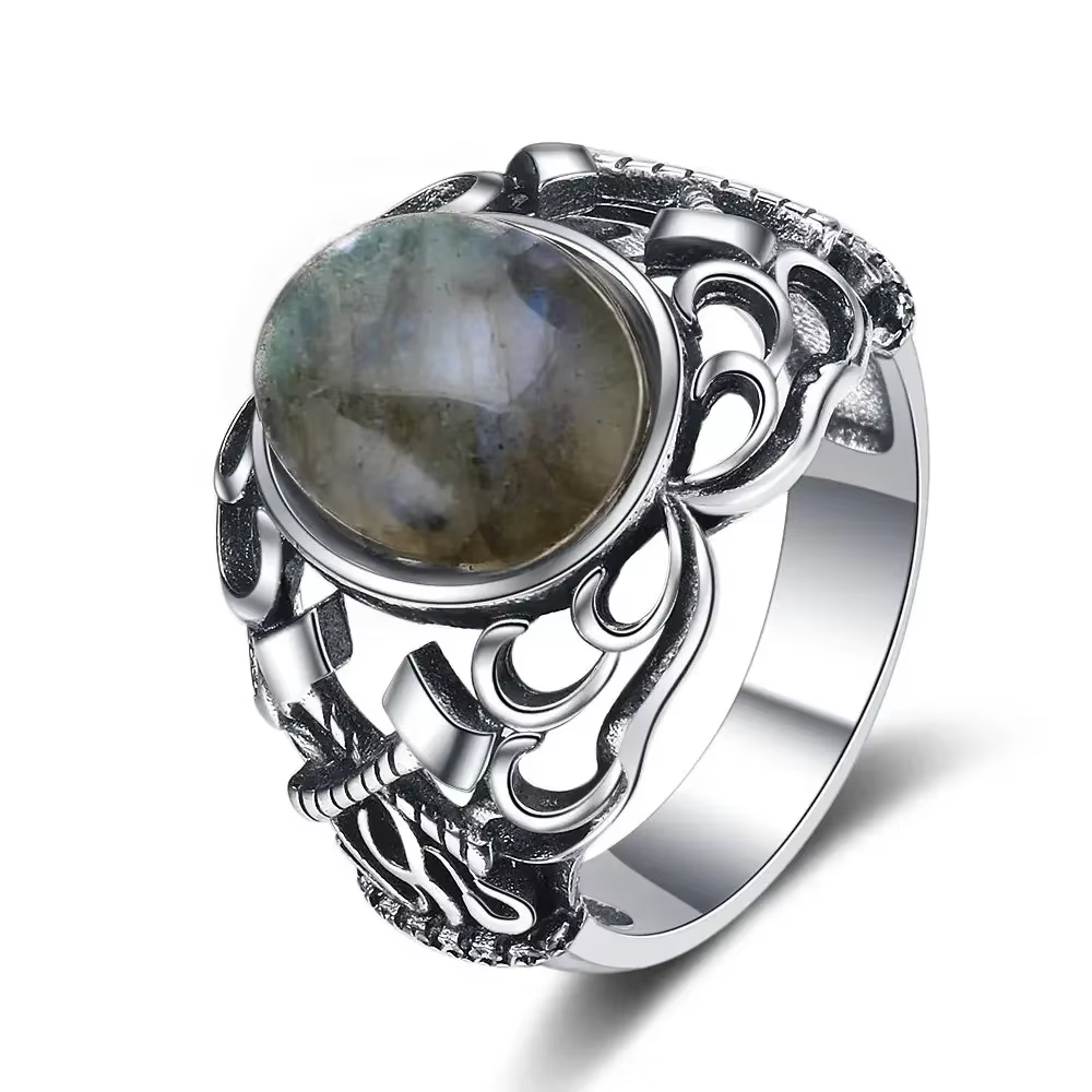 Bagues plaquées argent 10*12mm, Lapis Lazuli naturel, Labradorite, design creux en forme d'axe, bijo