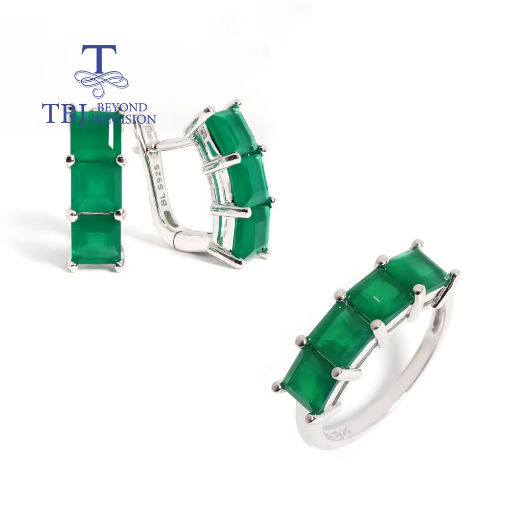 Ensemble de bijoux pour femme, bague et boucles d'oreilles en argent sterling 925 avec agate verte n