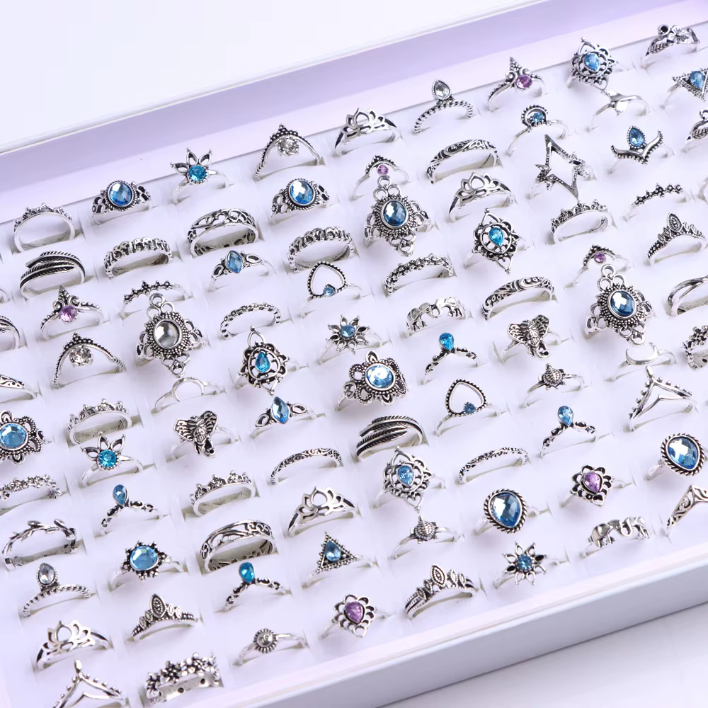 Bagues Vintage Boho en verre Turquoise pour femmes, 20/30 pièces/lot, mode Style vacances, Festival 