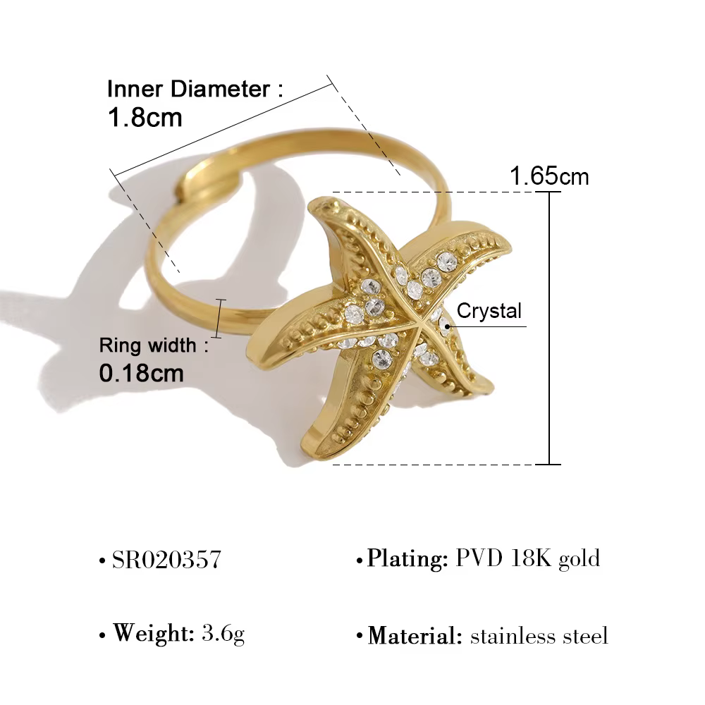 Bague étoile de mer en acier inoxydable Ars plaquée or 18 carats avec zircon incrusté, bague ouverte