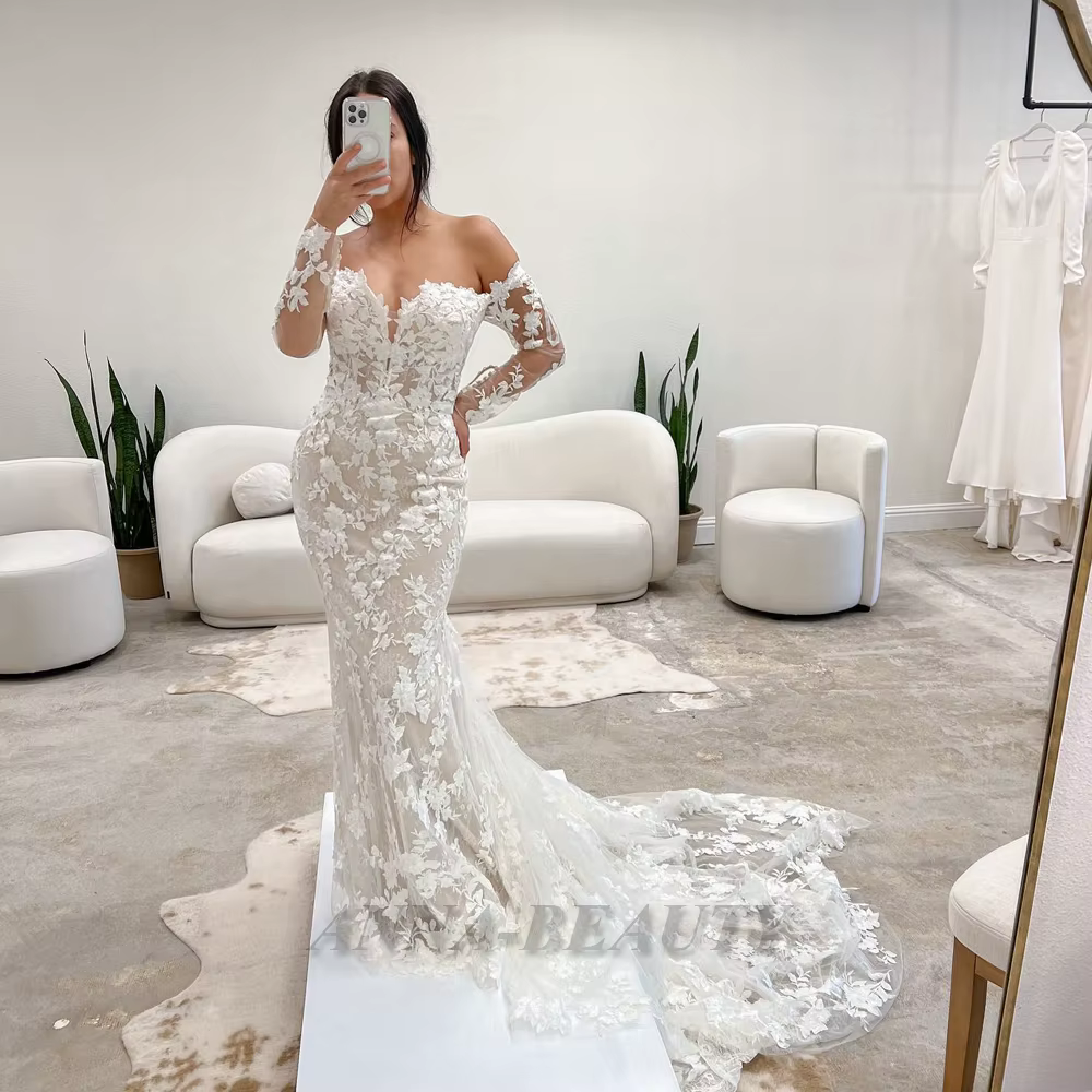 Anna Charmante Robe de Mariée en Dentelle et Tulle à Manches sulfpour Mariage, Personnalisée, Grande