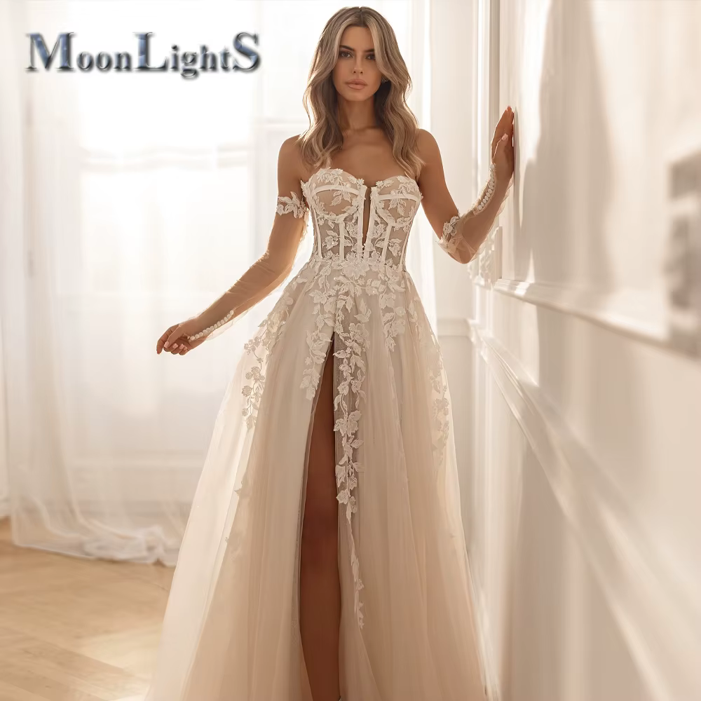 Robes de mariée glamour Moonlight Sweetheart pour femmes, avec appliques en dentelle, fente avant, r