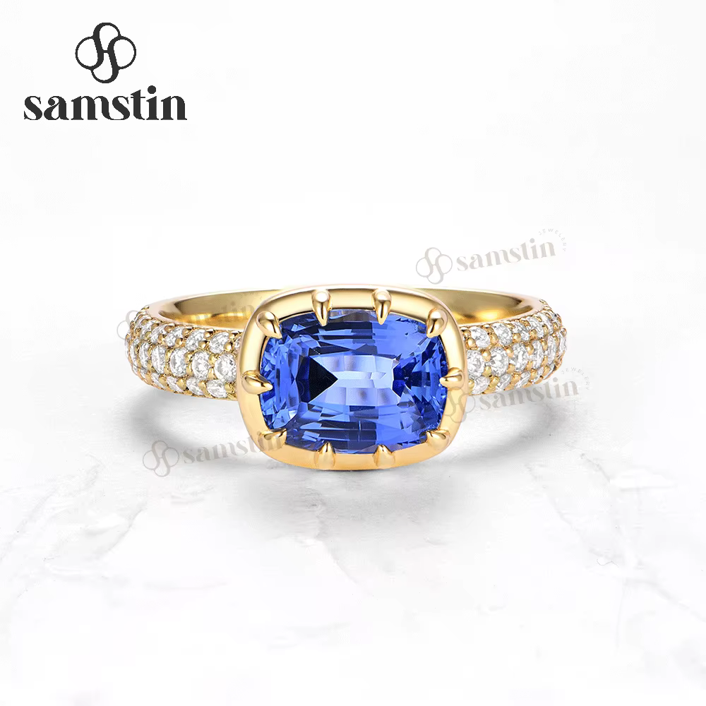 Bague Samstin en saphir bleu de laboratoire 3CT et moissanite, en or jaune massif 14K10K, coupe cous