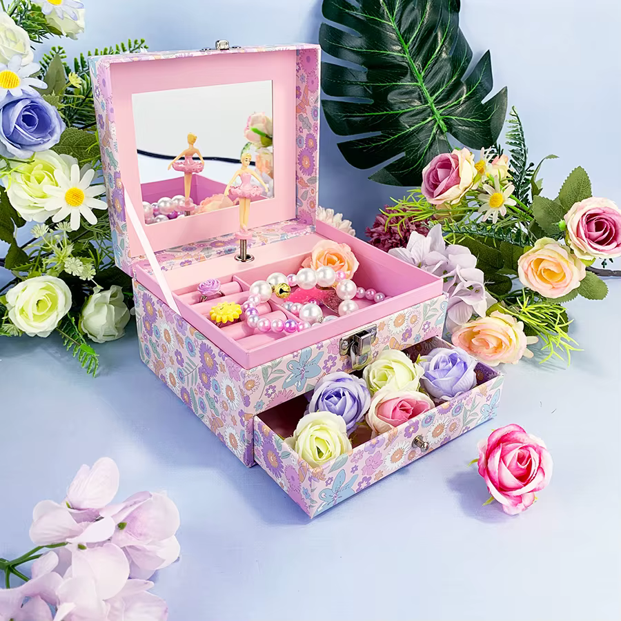 Nouvelle Arrivée Chaude : Boîte à Bijoux Musicale Florale avec Ballerine Rotative, Miroir et Tiroir 