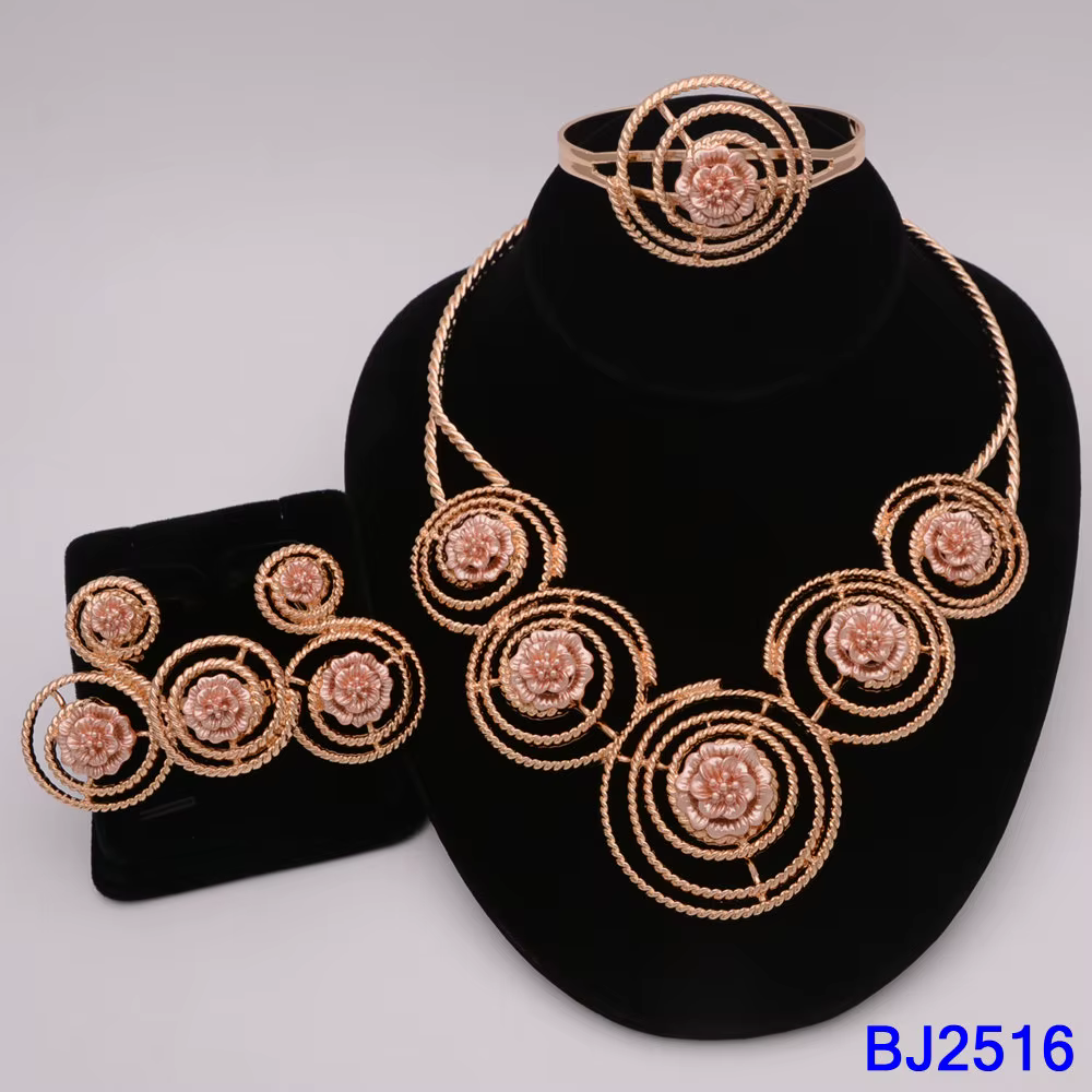 Ensemble de bijoux de luxe pour femmes africaines, plaqué or, 4 pièces, collier, boucles d'oreilles,