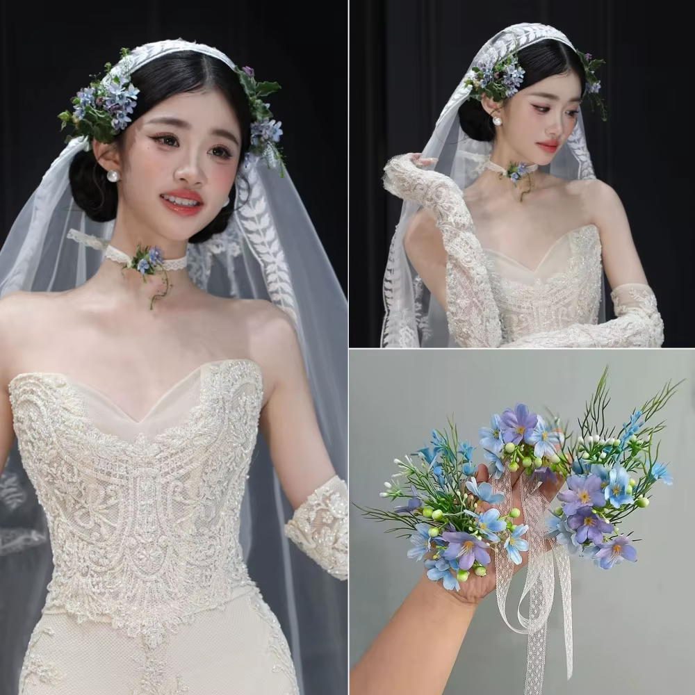 Coiffe de mariée de style français romantique, luxueuse, florale, pour photographie, ensemble de bij