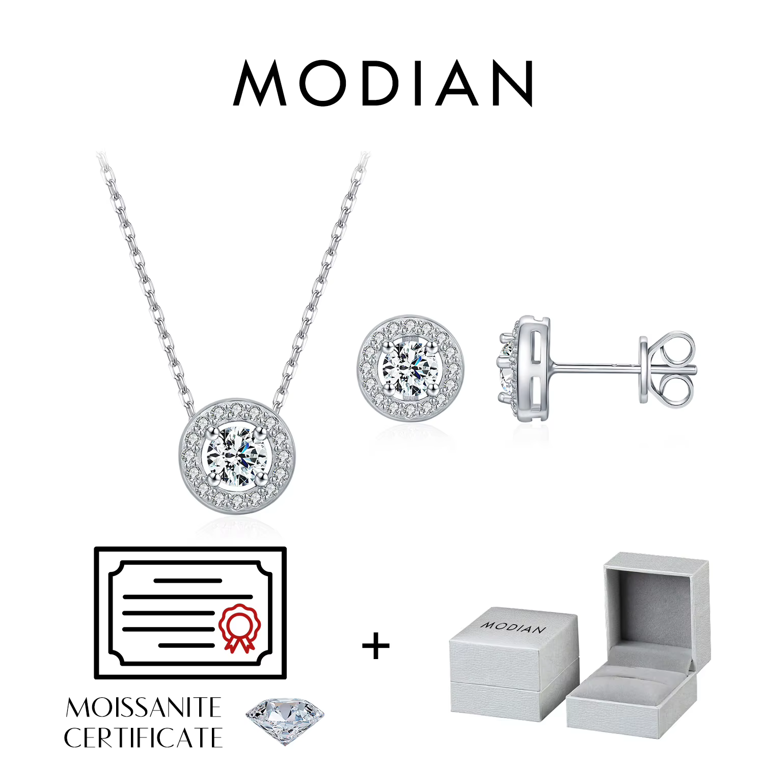 MODIAN Moissanite ensembles 925 en argent Sterling classique rond Halo boucles d'oreilles Simple lie