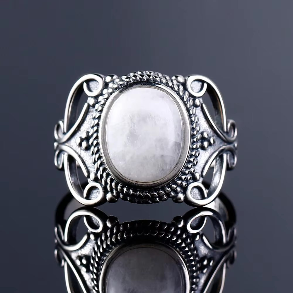 Nasiya – bagues ethniques Vintage pour hommes et femmes, couleur argent, pierre de lune naturelle, b