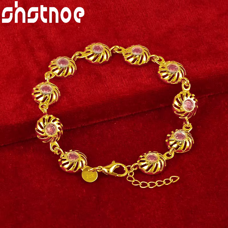 SHSTONE-Bracelet en or 24 carats pour femme, bracelet à maillons ronds en cristal, bijoux fantaisie,