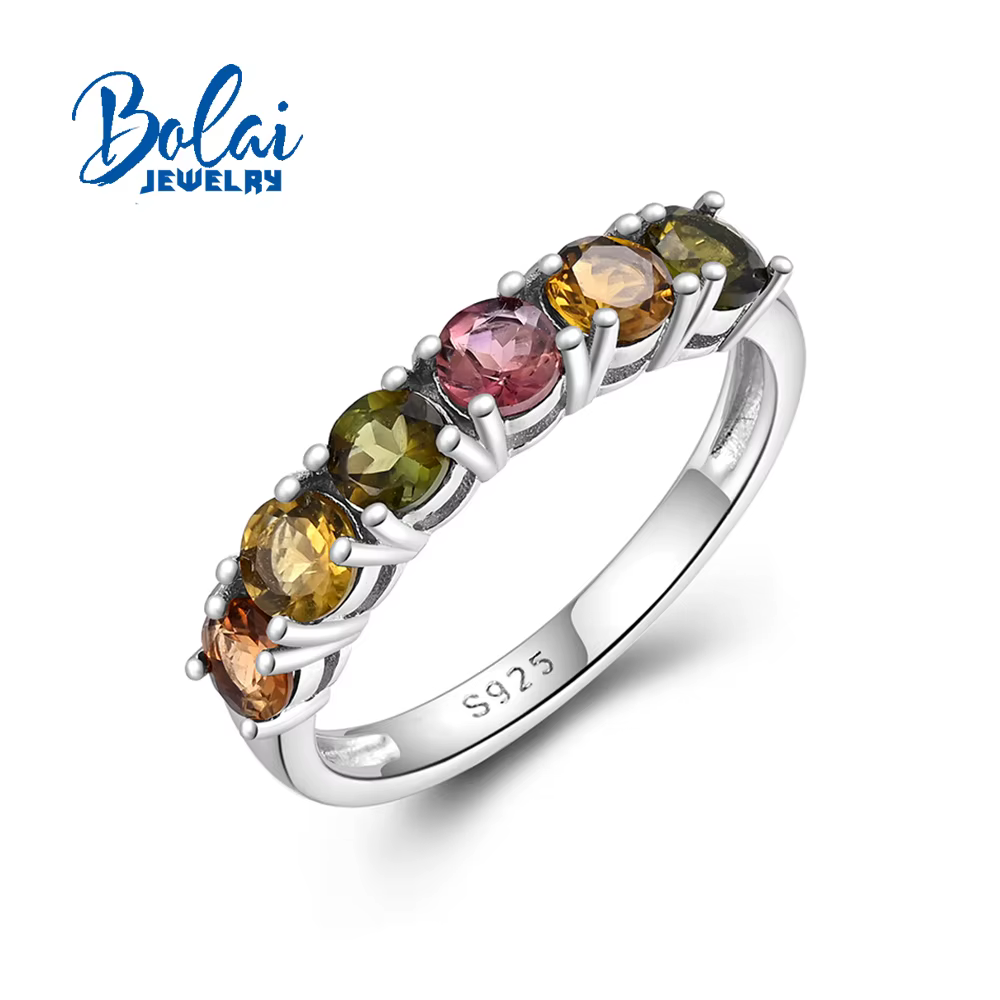 Bague simple en argent sterling 925 avec pierres précieuses rondes de tourmaline naturelle colorées 