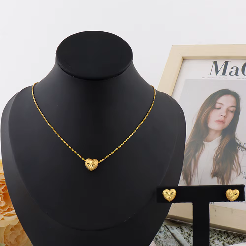 Parure de bijoux exquise couleur or pour fête, boucles d'oreilles clous cœur et chaîne pendentif, pa