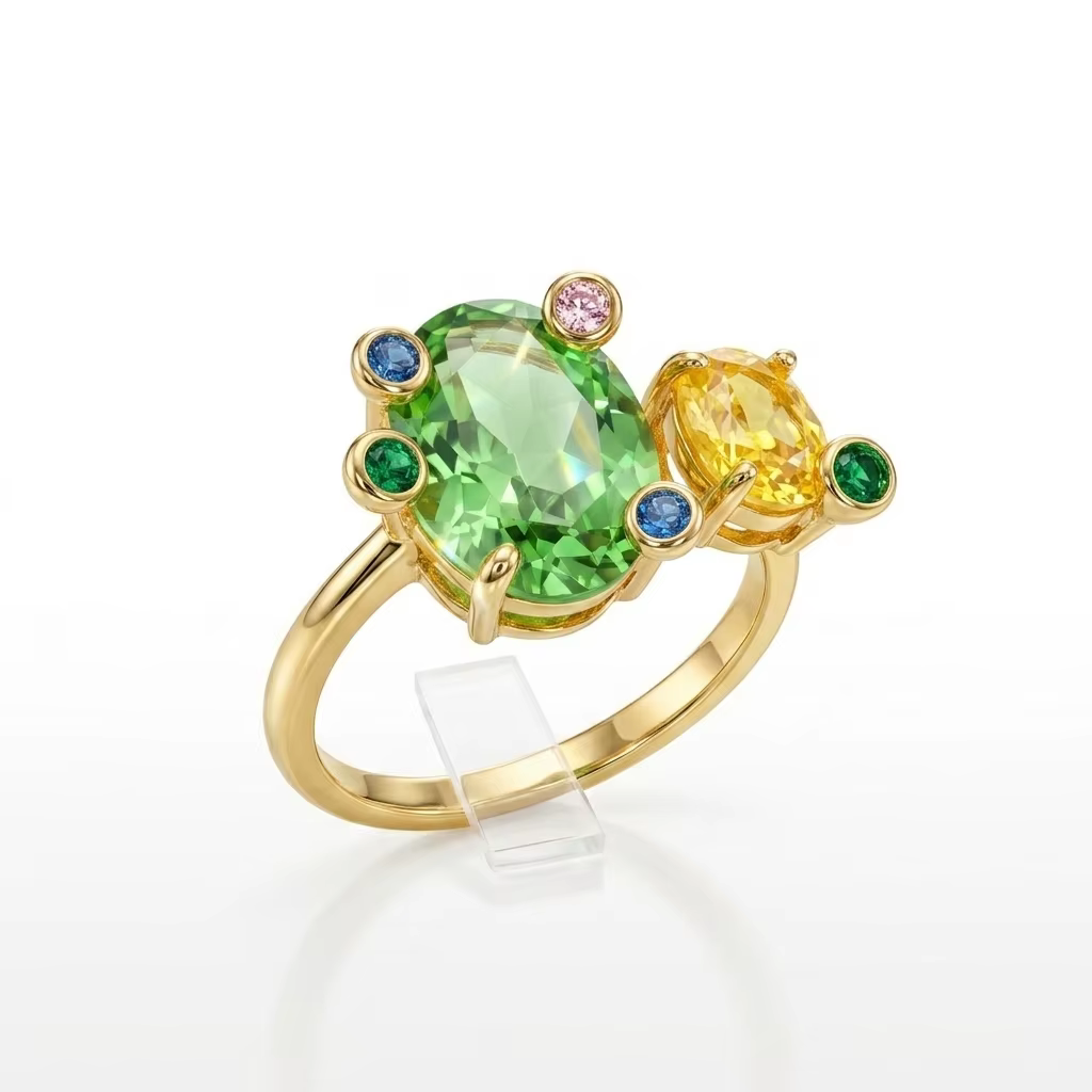 Bague ouverte ajustable en or pour femme, ovale, multicolore, sertie de zircons étincelants, bijou p