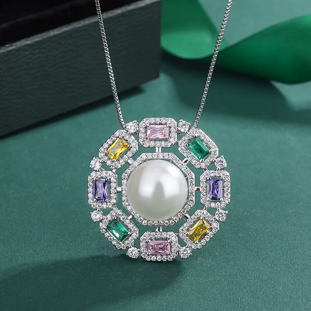 Collier pendentif en or blanc pour femme, grande perle, pierre précieuse, diamants à haute teneur en