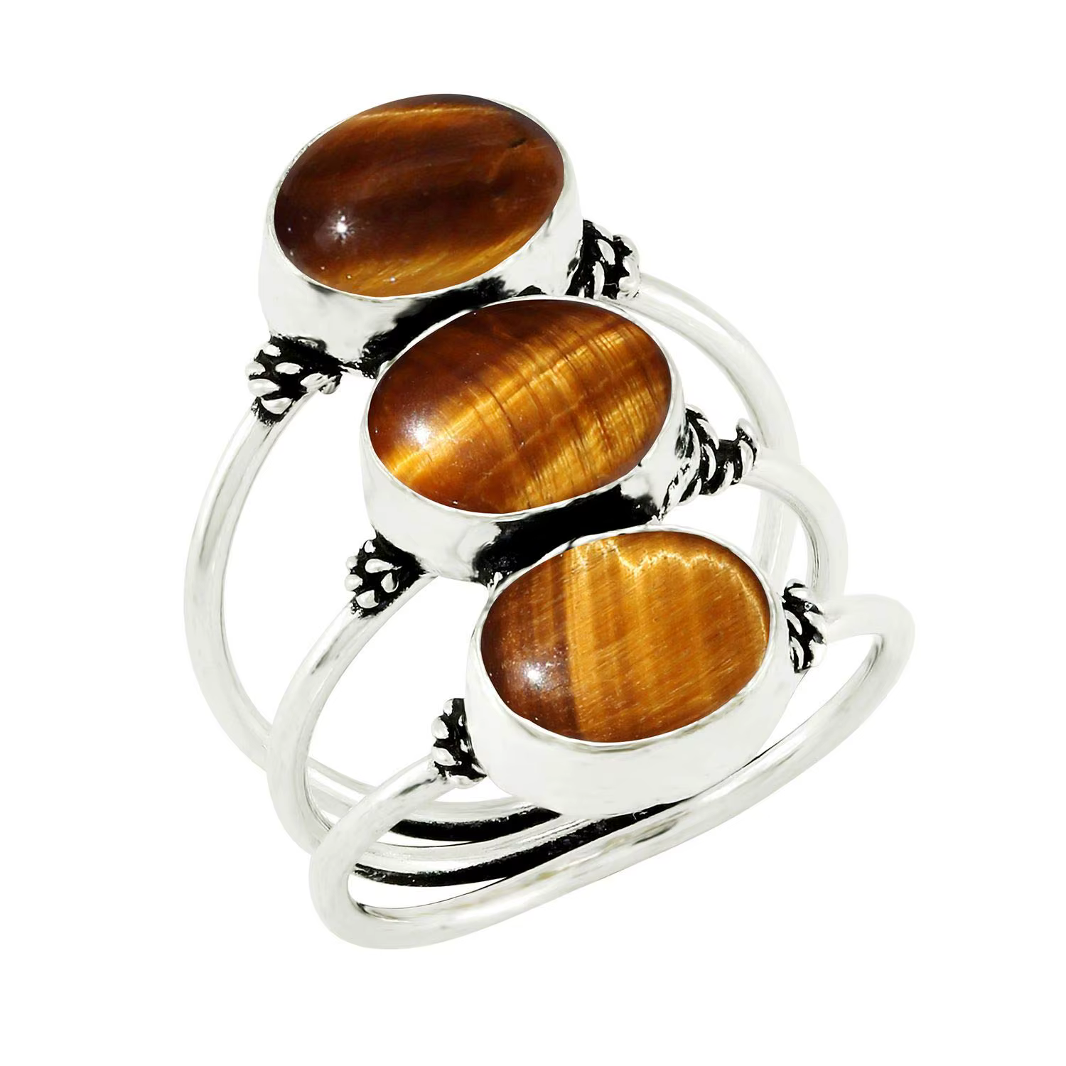 Bague Vintage en argent Sterling 925 avec pierre d'oeil de tigre ovale rétro trois bagues en pierre 