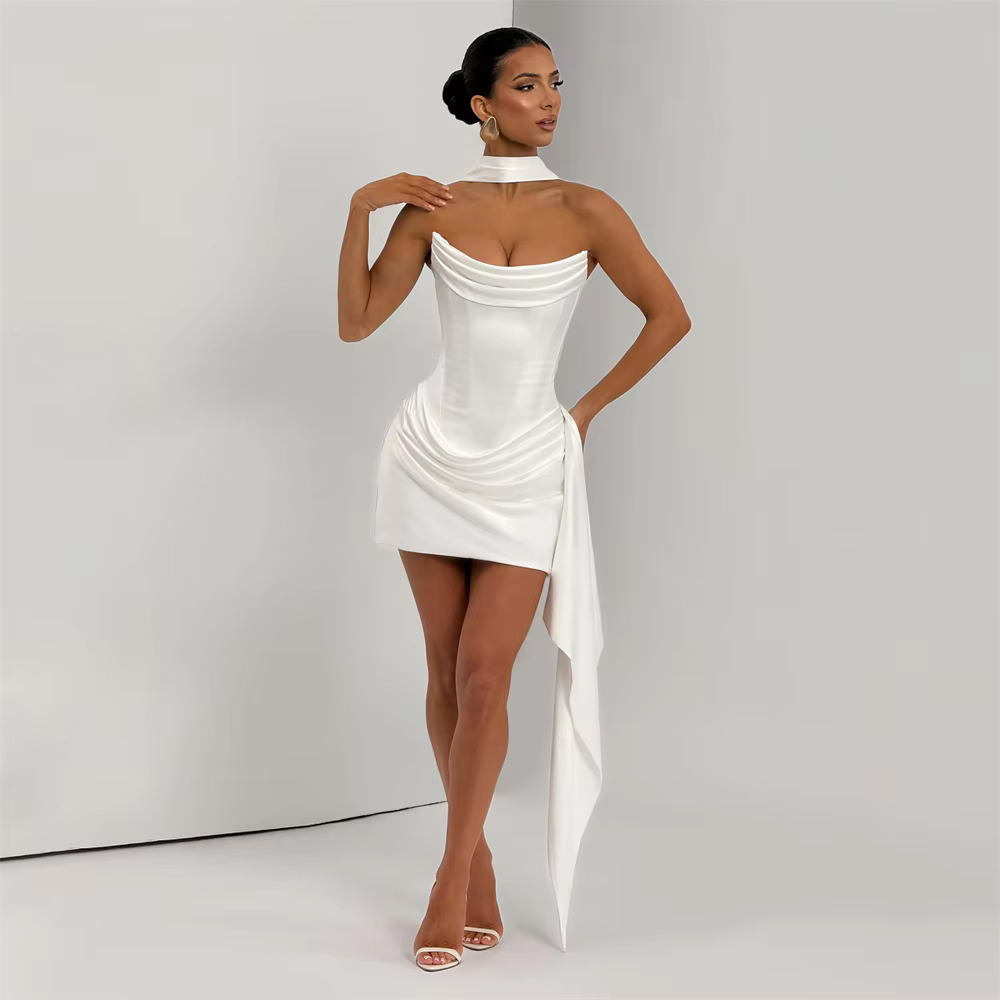 Robe de mariée modeste en satin, plissée, à lacets, mini, sans bretelles, sans manches, personnalisé