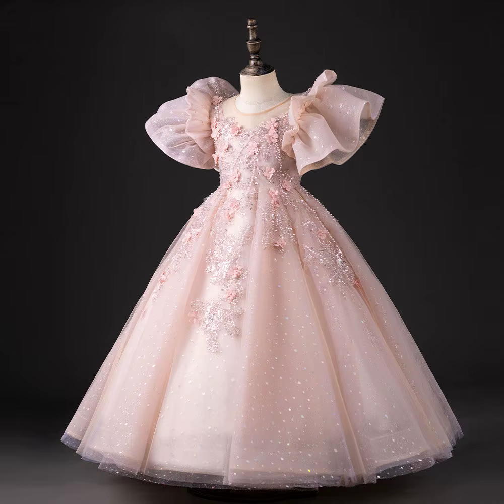 Robe de luxe rose pour filles, dubaï, fleurs 3D, perles, princesse arabe, pour enfants, mariage, fêt