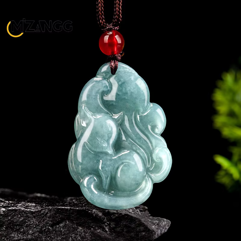 Collier de renard à neuf queues d'eau bleue pour femme, jadéite naturelle authentique, breloque de l