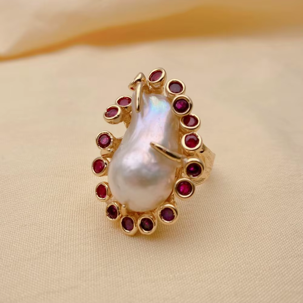 kkgem Fuchsia Cz pavé 23x32mm bague de sonnerie en perles baroques blanches de culture réglable