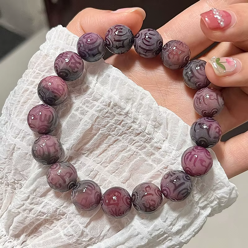 Bracelet de perles de racine de Bodhi violette naturelle, perles bouddhistes, chapelet sculpté, bijo