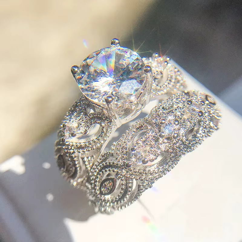 Bague de fiançailles en argent regardé 925 pour femme, cristal blanc, ensembles de patients de maria