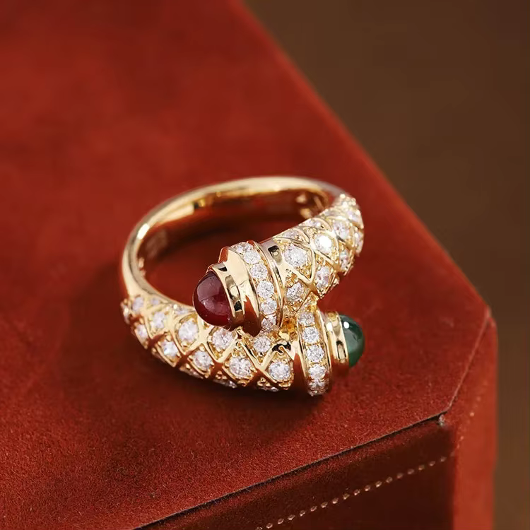 Bague rétro Vintage en or 18 carats pour femmes, rubis, émeraude, redimensionnable, Antique, pour Co