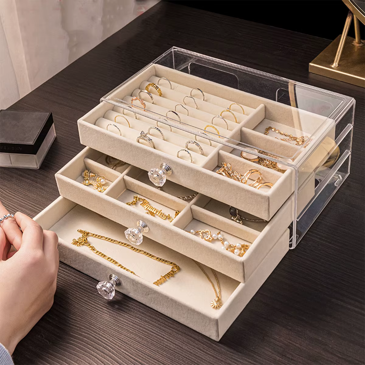 Organisateur de bijoux en acrylique à 3 tiroirs, boîte de rangement pour bijoux doublée de velours t