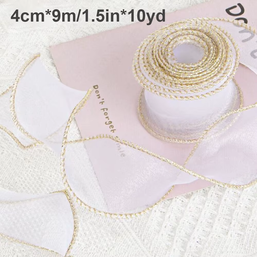 Ruban en Organza filaire transparent de 10Yards, avec bord doré, en mousseline de soie, pour emballa