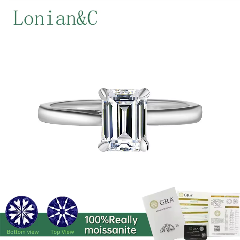 Lonian & C 6*8mm taille émeraude Moissanite bague laboratoire diamant D couleur VVS 1CT/2CT 925 bagu