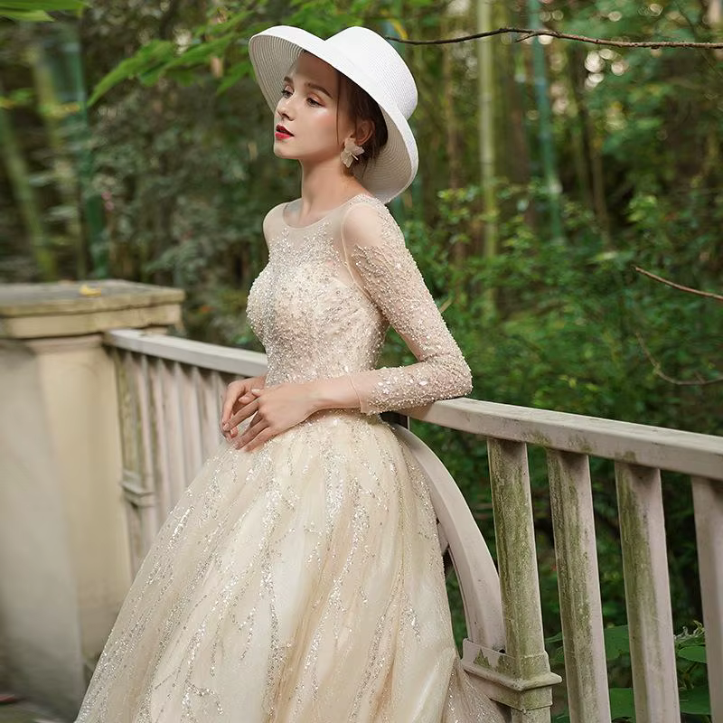 Robe de mariée à manches longues, Style forêt, ciel étoilé digne, broderie de paillettes, Super féer