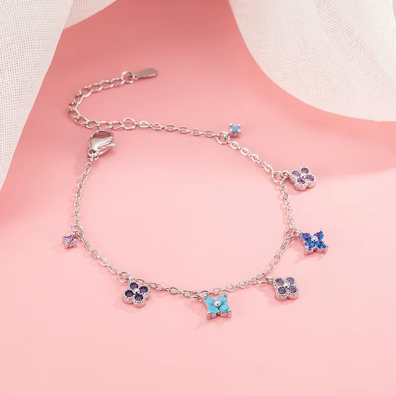 Bracelet et chevillère en argent sterling 925, nouveau, trèfle à quatre feuilles multicolore, diaman