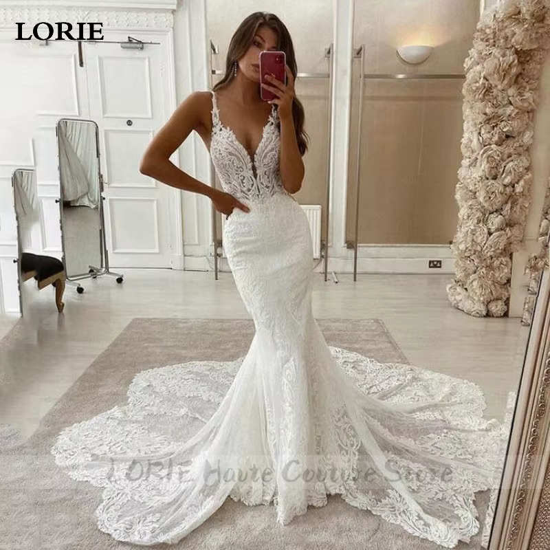 LORIE-Robe de Mariée Sirène en Dentelle, Bretelles Spaghetti, Tulle Doux, pour Patients, Quelle que 