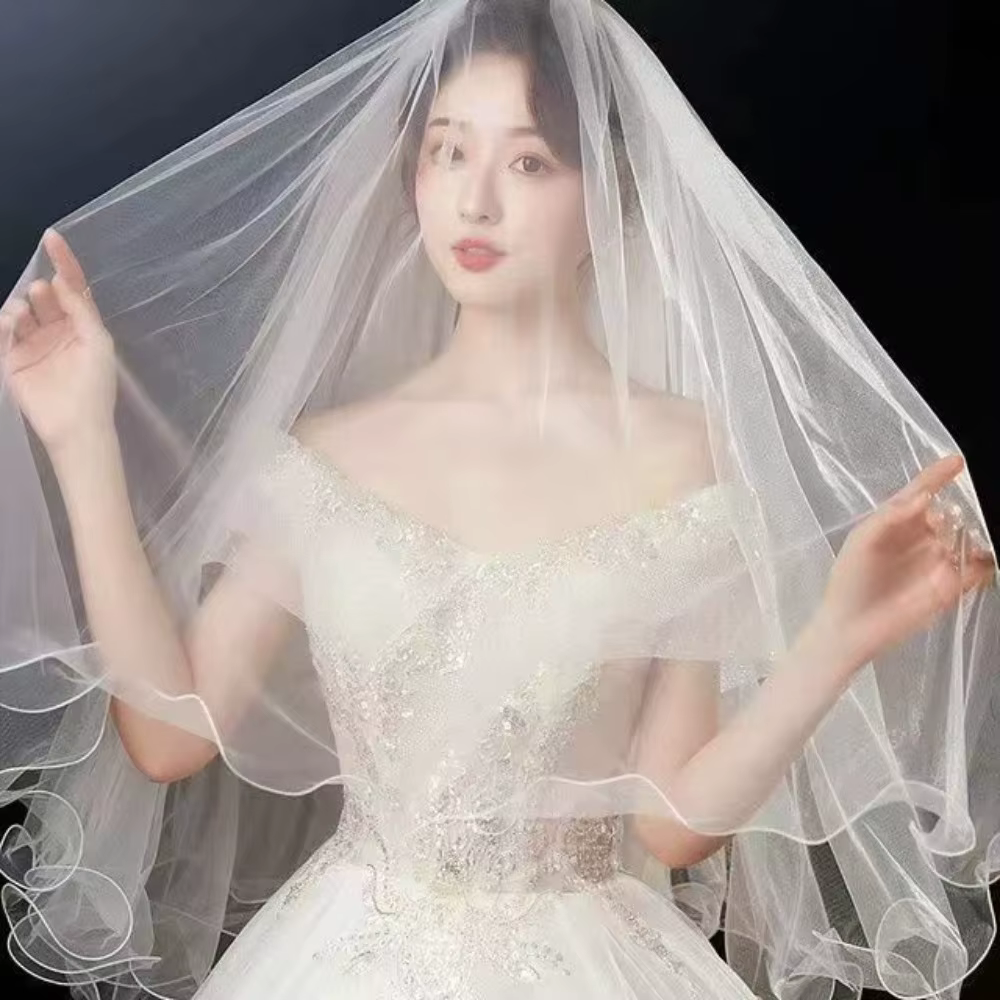 Voile de mariée élégant à deux couches, court et bouclé, en Tulle doux, tête de mariée blanche, gaze