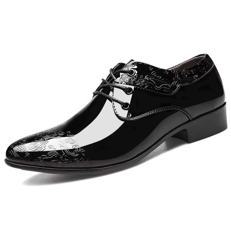Chaussures à lacets en cuir verni noir pour hommes, chaussures provoqué d'affaires décontractées, ri