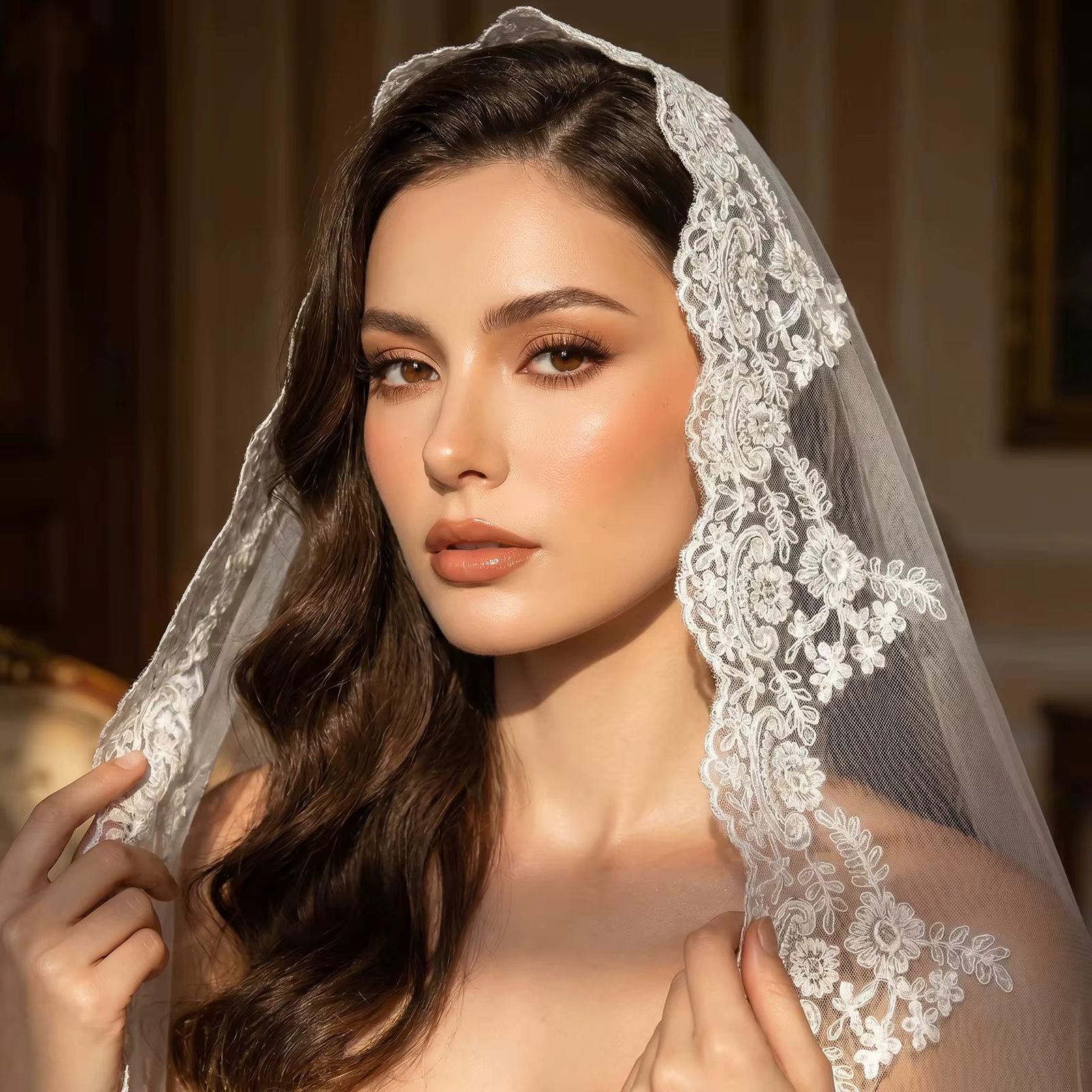 Voile de mariée Mantilla en dentelle intégrale, voile à un seul niveau, long avec peigne dissimulé, 