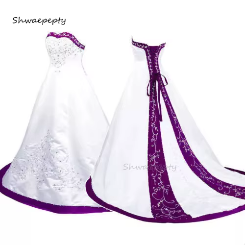 Robe de mariée élégante brodée, en satin blanc et violet, avec corset, décolleté en cœur, sans manch