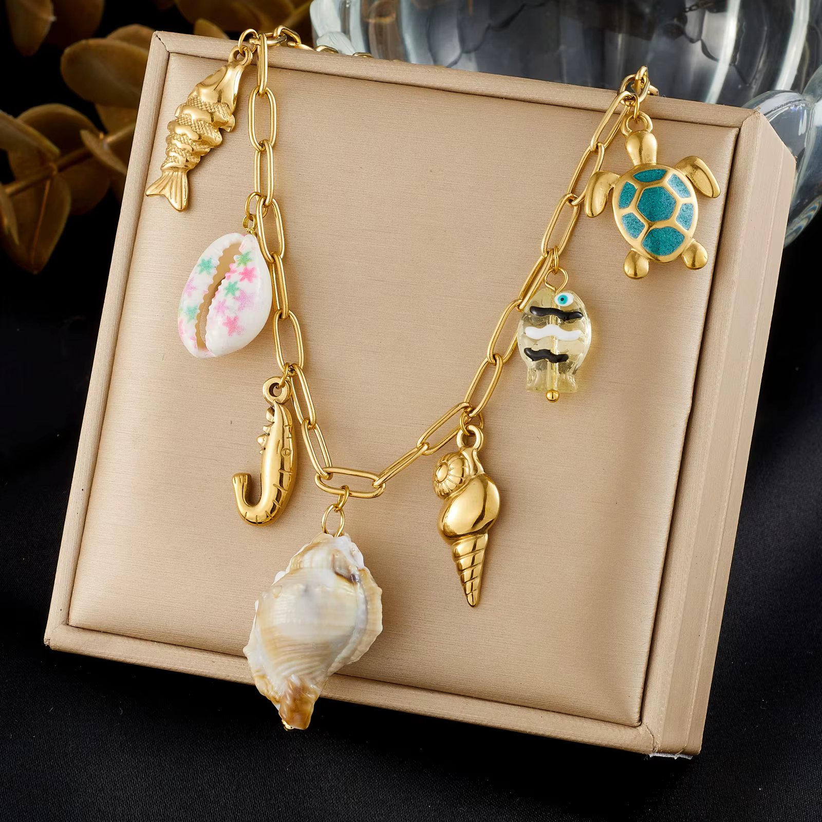 Collier tendance LAMENGLY en acier inoxydable 316L doré avec pendentif tortue de mer et coquillage, 