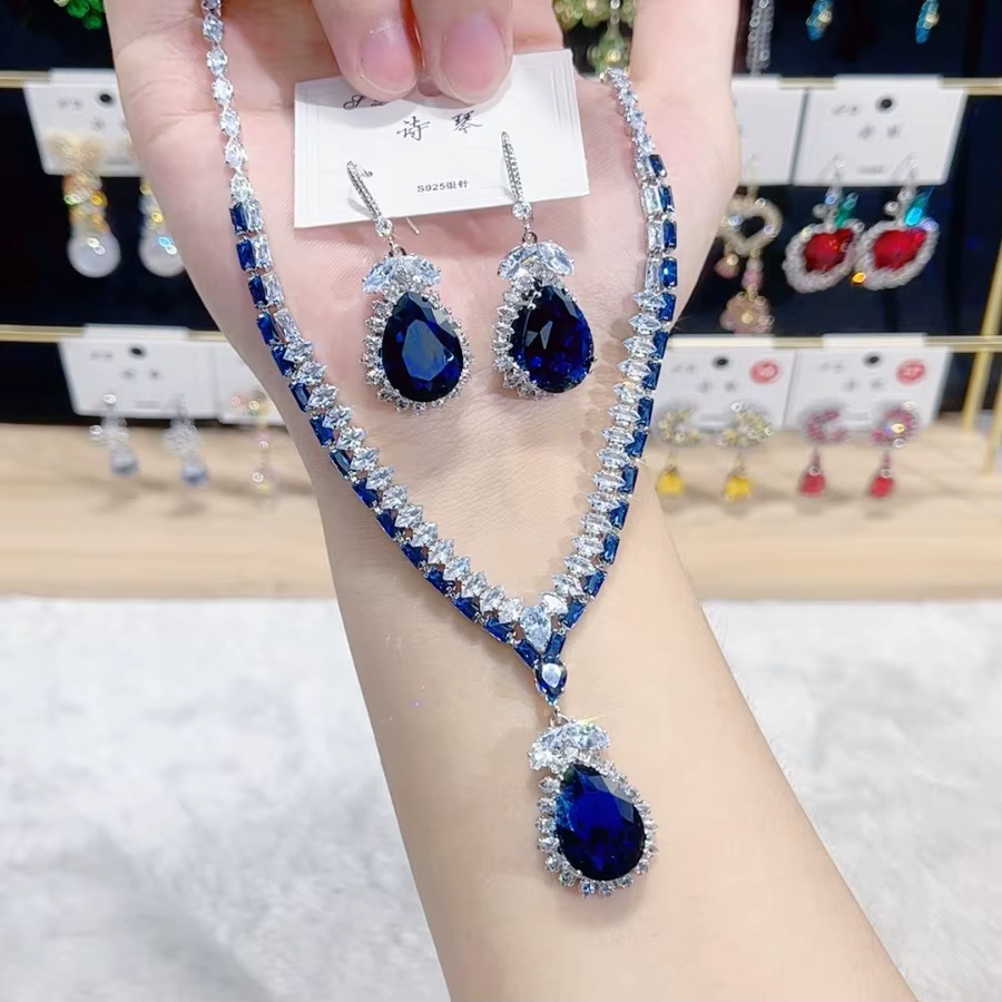 Zcomprend-Ensemble Collier et Boucles d'Oreilles de Luxe pour Femme, Tendance de la Mode, Bleu, Gout