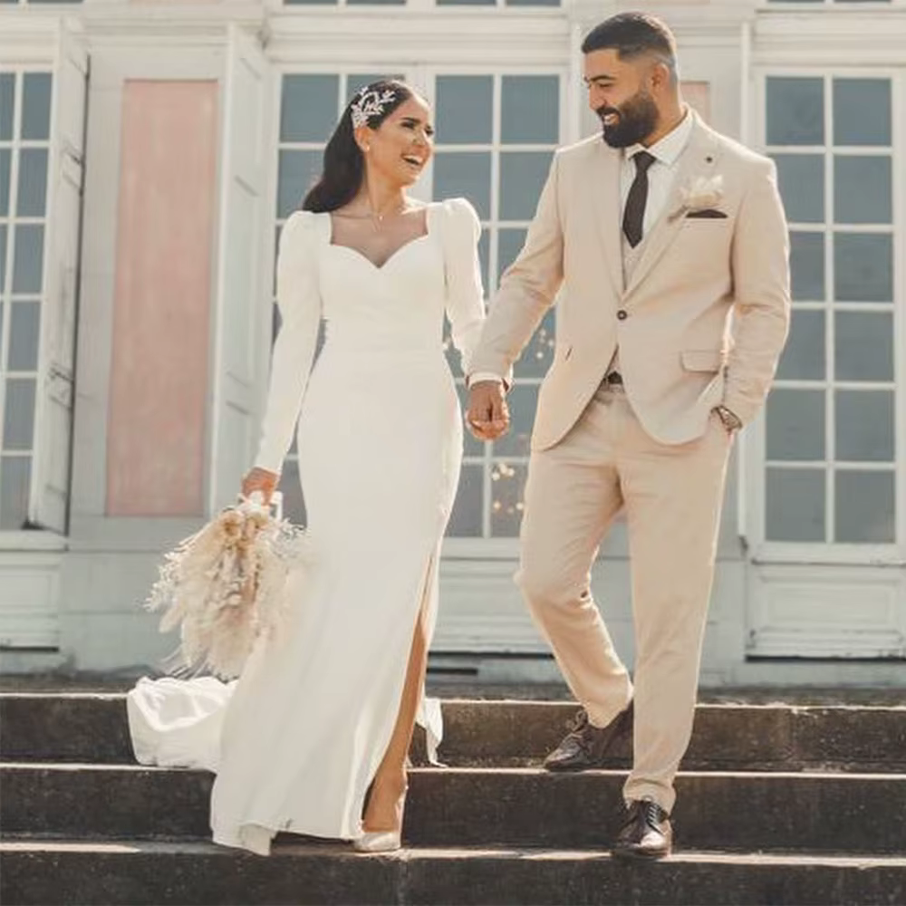 Robe de Mariée Sirène Simple pour Femme, Manches sulf, Élégante, Fendue sur le Côté, Dos aux, Col en