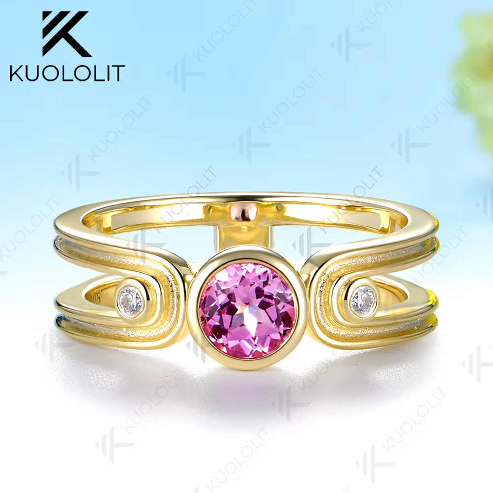 Bague personnalisée Kuololit avec saphir rose de 0,5 carat cultivé en laboratoire pour femmes, or ja