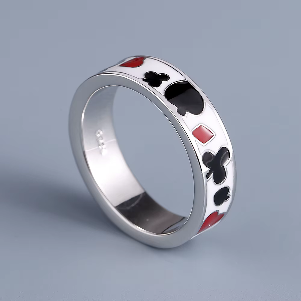 Bague en émail faite à la main pour femme, motif de cartes à jouer classiques, bijoux de fête créati