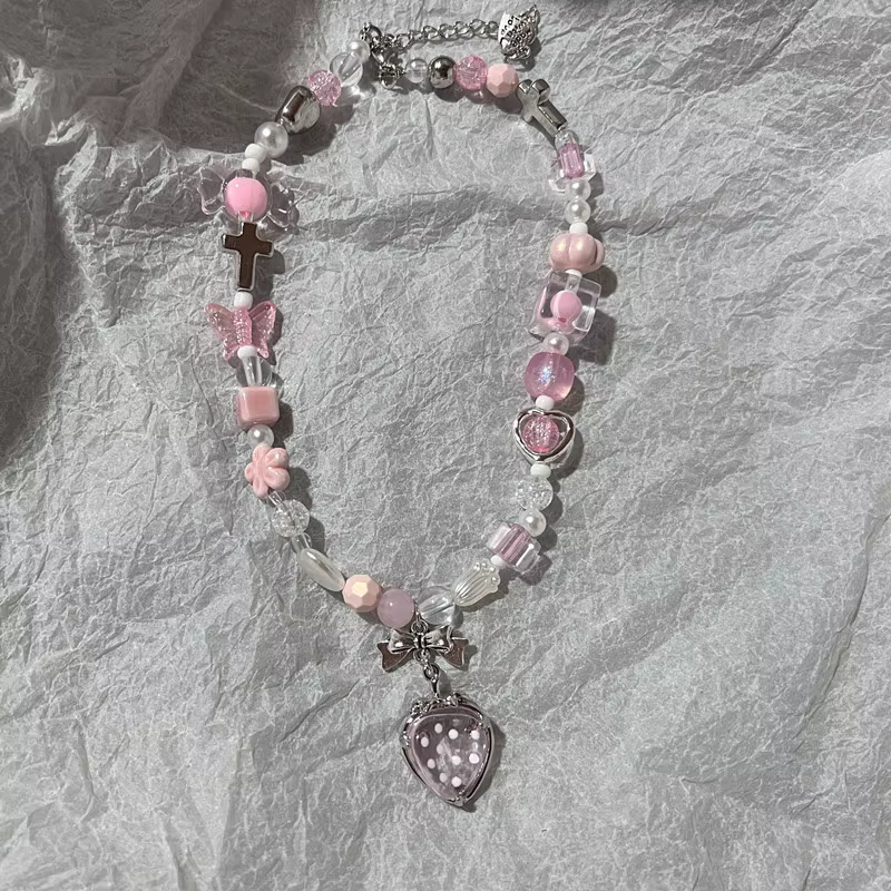 Collier Coquette Cottagecore avec nœud fraise, perles, style féerique, cœur rose et blanc, bijoux po