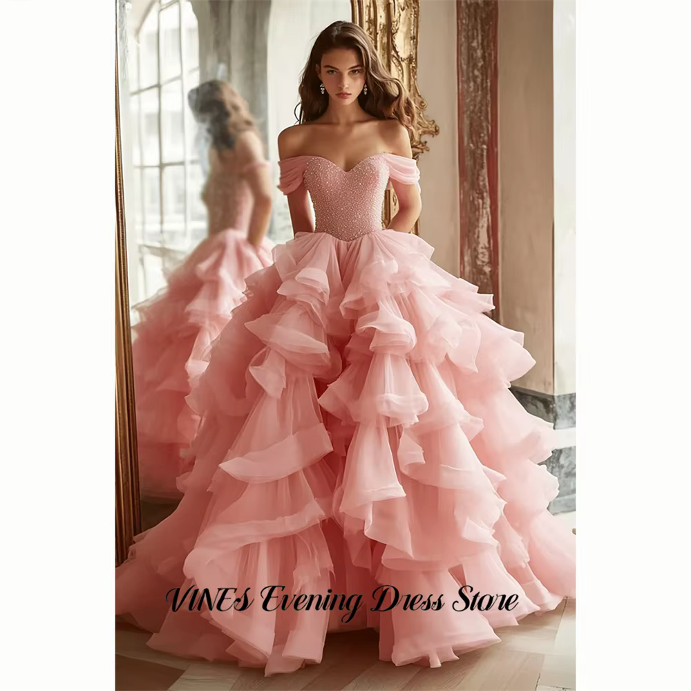 Robes de soirée rose VINES, robes de princesse à épaules dénudées, robes de bal perlées, robes de ma
