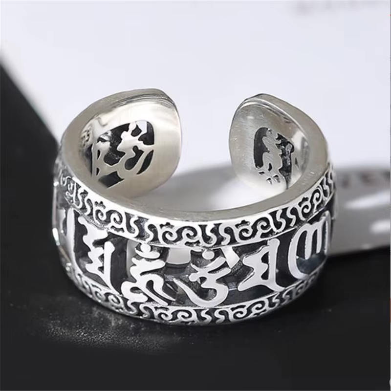 Bague bouddhiste Vintage pour hommes, bijoux en argent 925, mots creux ethniques, Sutra, accessoires