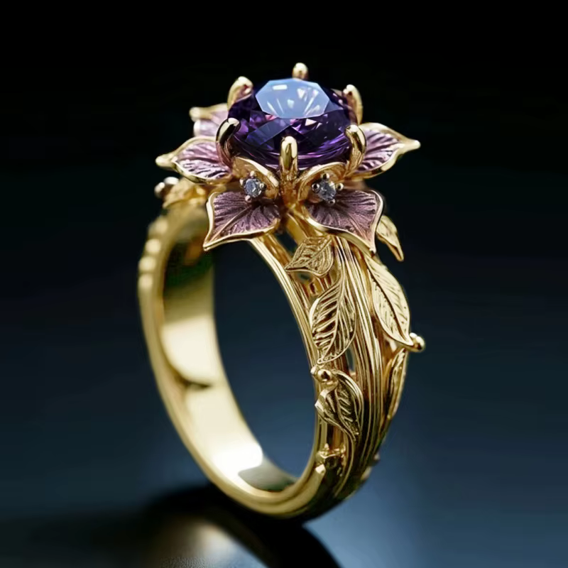 Huitan – bague bicolore pour femmes, Design floral, luxe, mariage, incrusté de CZ violet scintillant